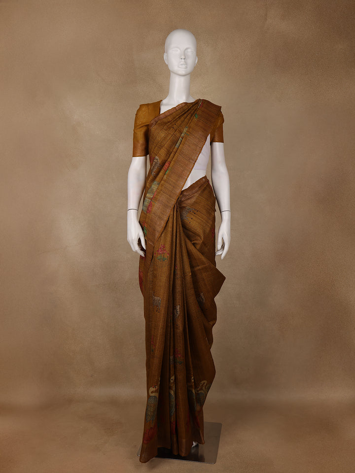 Rust Yellow Floral Design Tussar Silk Saree - Diadem