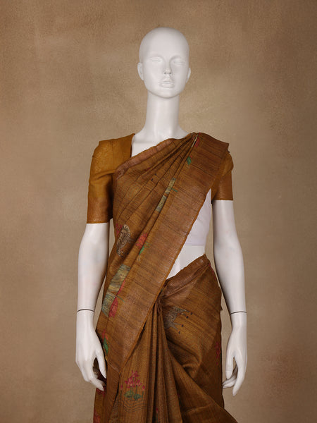 Rust Yellow Floral Design Tussar Silk Saree - Diadem