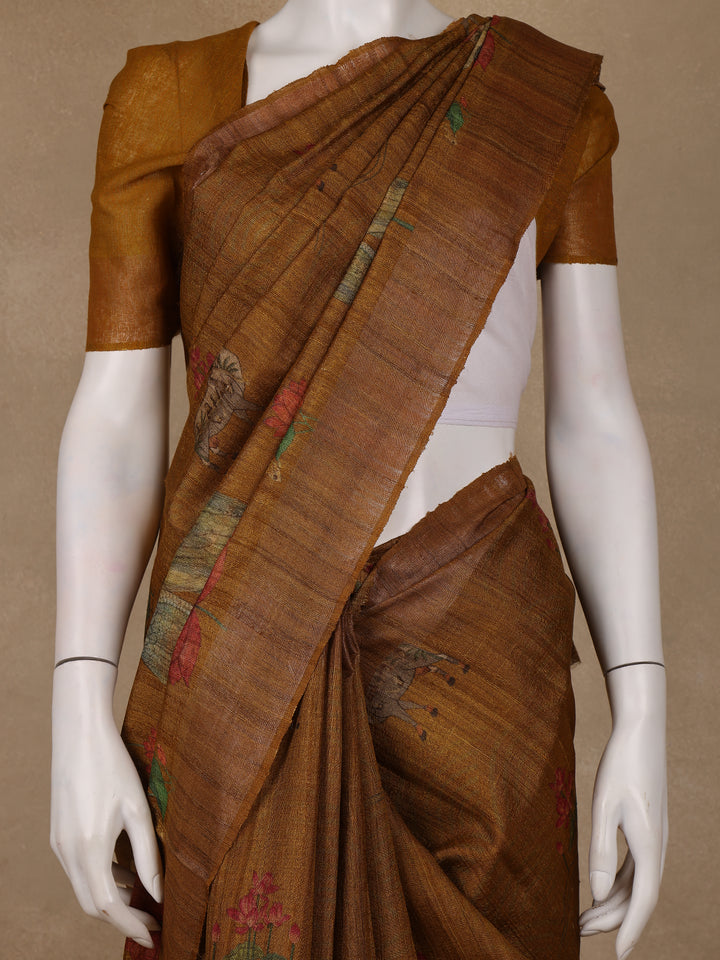 Rust Yellow Floral Design Tussar Silk Saree - Diadem