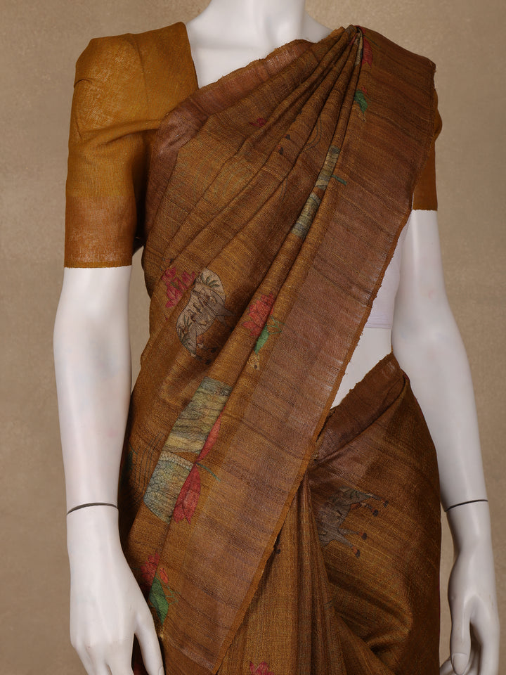 Rust Yellow Floral Design Tussar Silk Saree - Diadem