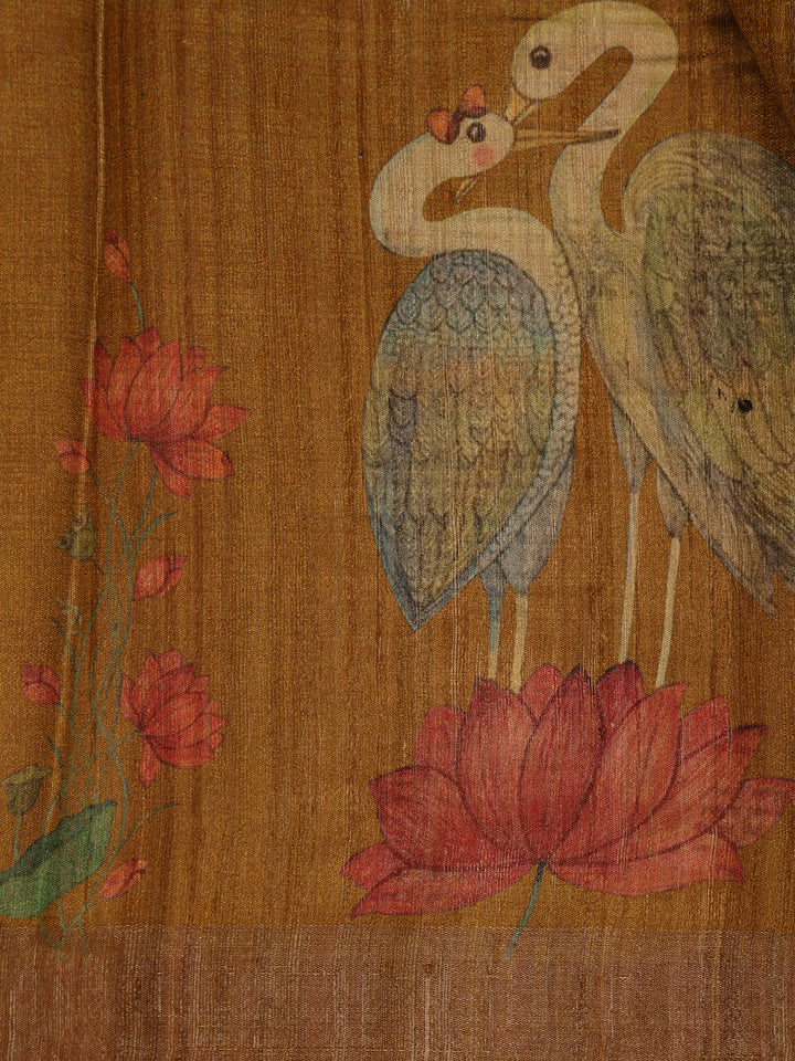 Rust Yellow Floral Design Tussar Silk Saree - Diadem