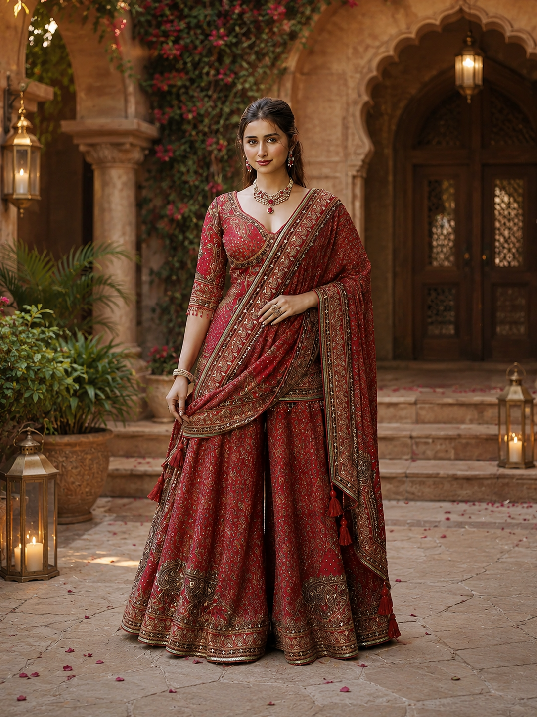 Rust Maroon Traditional Motif Sequins and Beads Embroidered Design Chiffon Palazzo Suit with Matching Dupatta