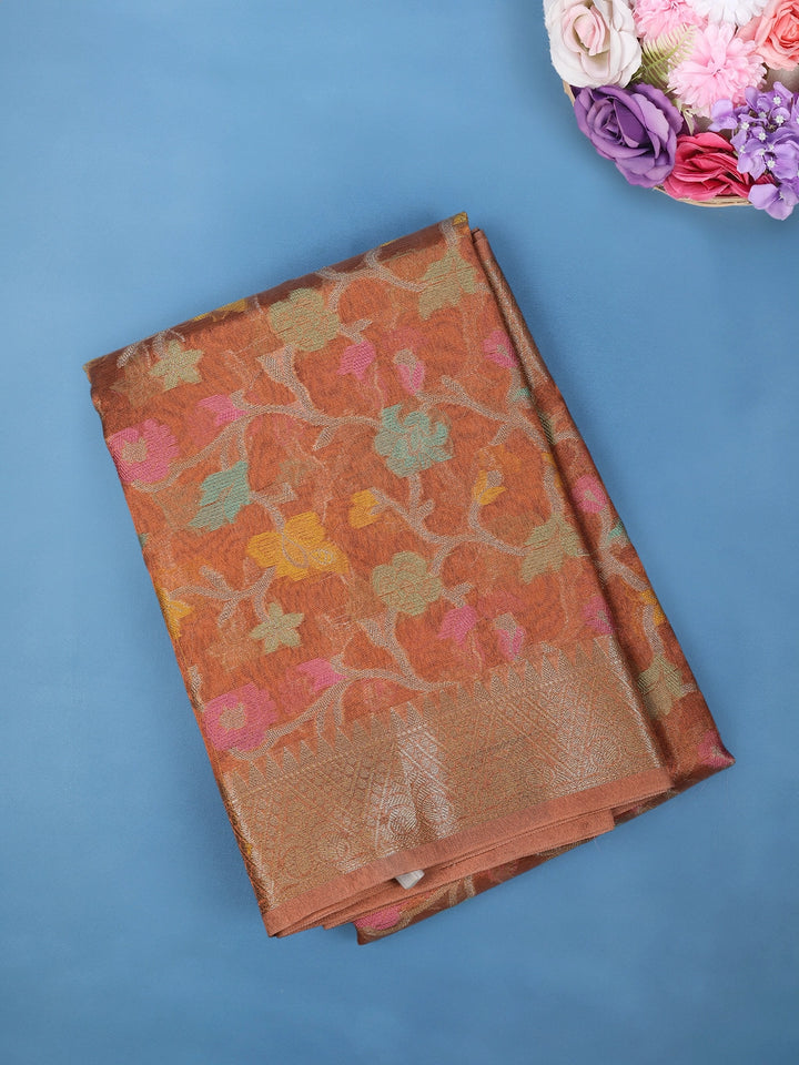 Rust OrangeFloral Design Woven Tissue Silk Saree - Diadem
