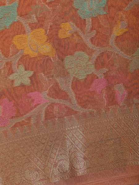 Rust OrangeFloral Design Woven Tissue Silk Saree - Diadem