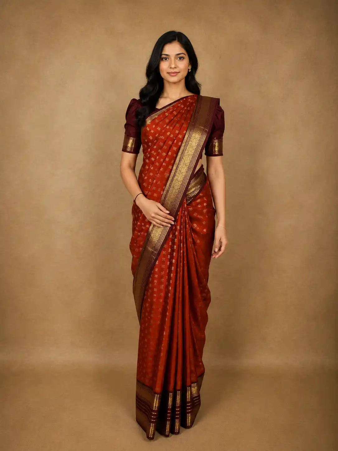 Rust Orange Butta Woven Design Pure Kanchipuram Silk Saree with Contrast Peacock Zari Border