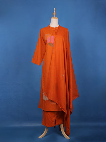 Rust Orange Embroidered Design Cotton Salwar Suit - Diadem