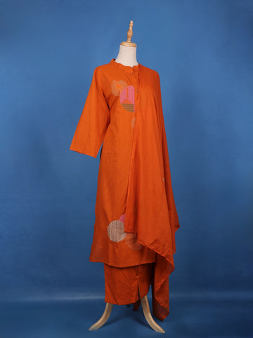 Rust Orange Embroidered Design Cotton Salwar Suit - Diadem