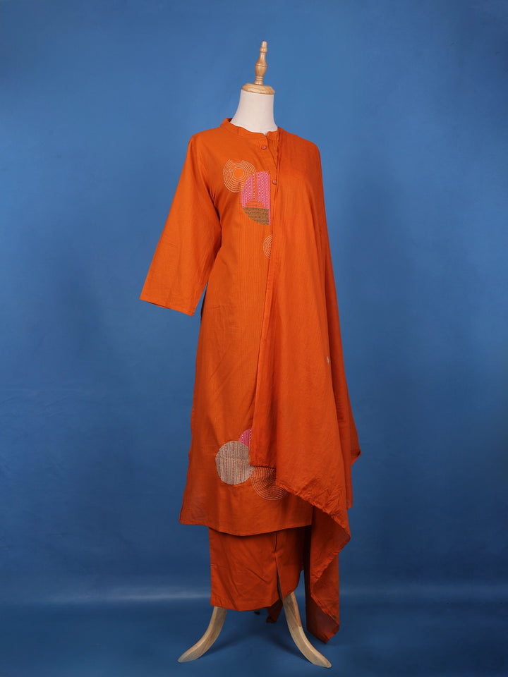 Rust Orange Embroidered Design Cotton Salwar Suit - Diadem