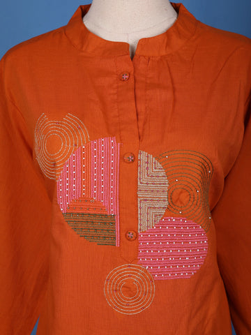 Rust Orange Embroidered Design Cotton Salwar Suit - Diadem