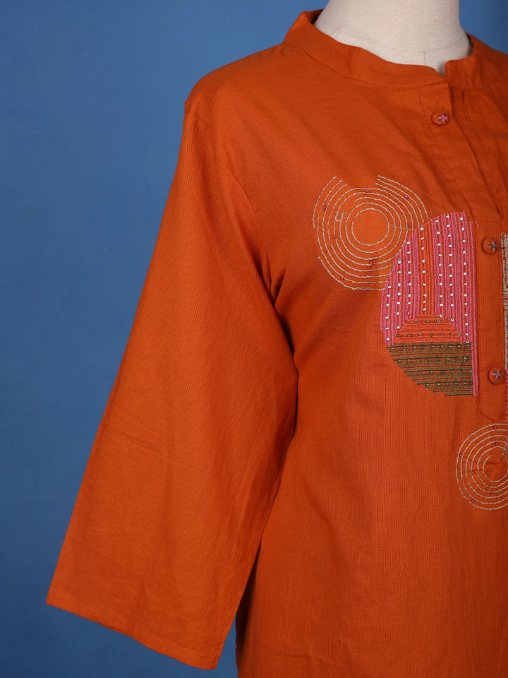 Rust Orange Embroidered Design Cotton Salwar Suit - Diadem