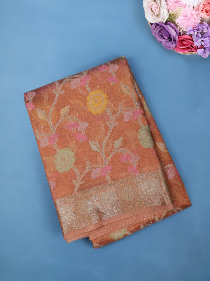Rust Orange Floral Design Tissue Silk Saree - Diadem