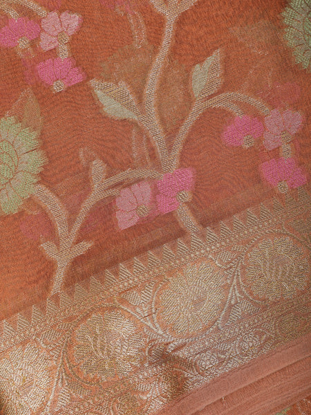 Rust Orange Floral Design Tissue Silk Saree - Diadem
