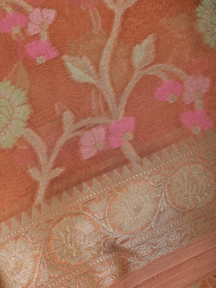 Rust Orange Floral Design Tissue Silk Saree - Diadem