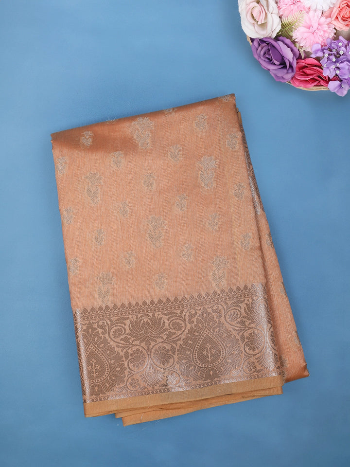 Rust Orange Floral Design Woven Tissue Silk Saree - Diadem