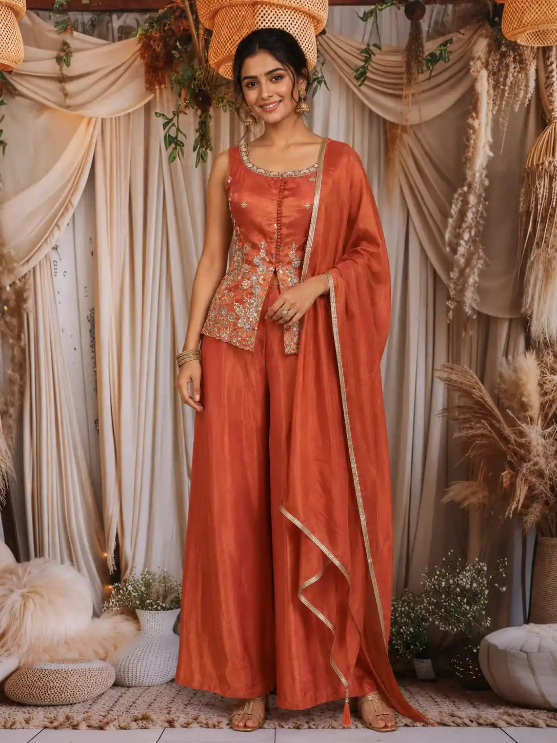Rust Orange Floral Embroidered Design Tissue Organza Peplum Palazzo Suit with Dupatta