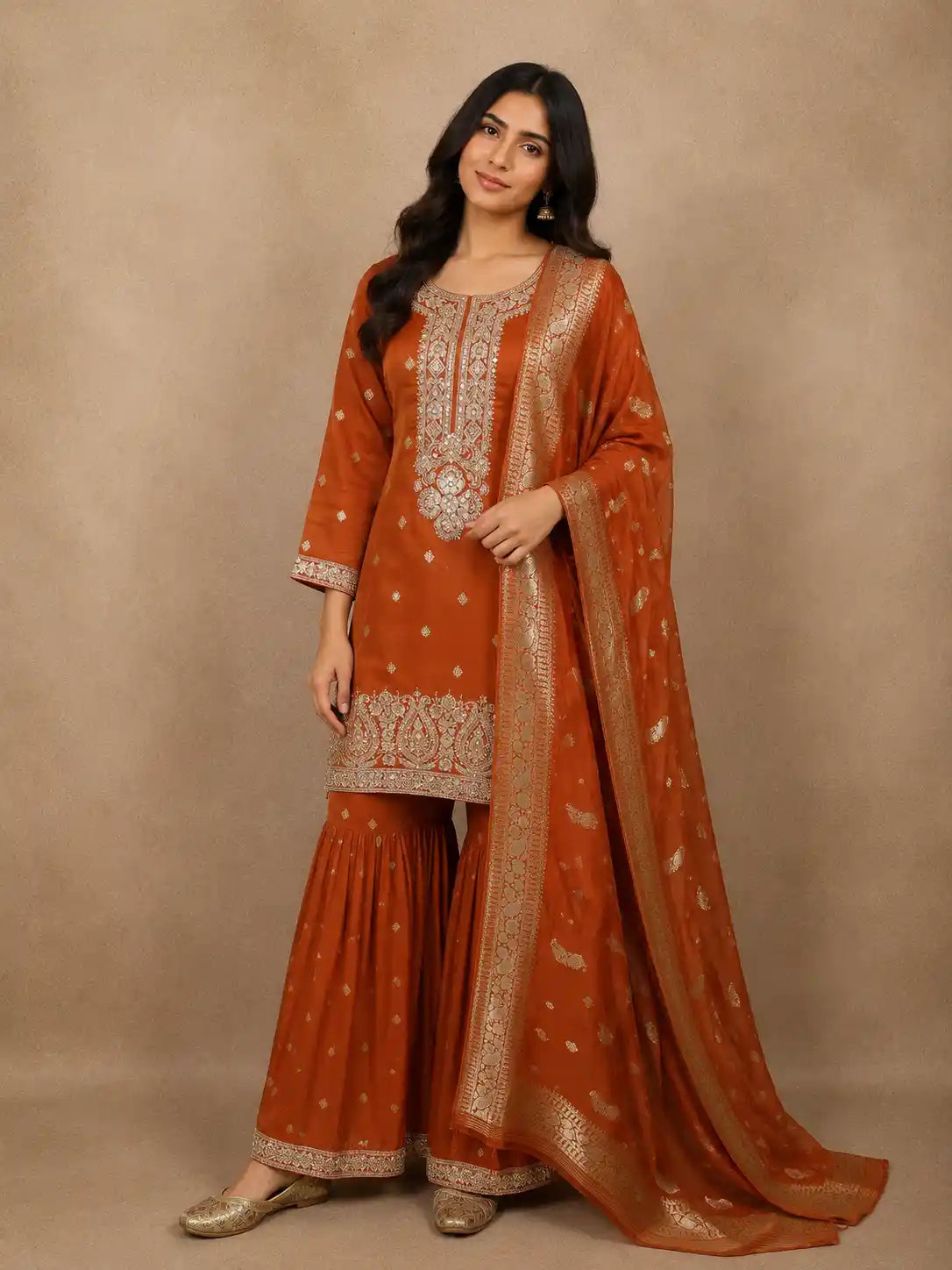 Rust Orange Floral Sequins Embroidered Design Georgette Sharara Suit with Dupatta