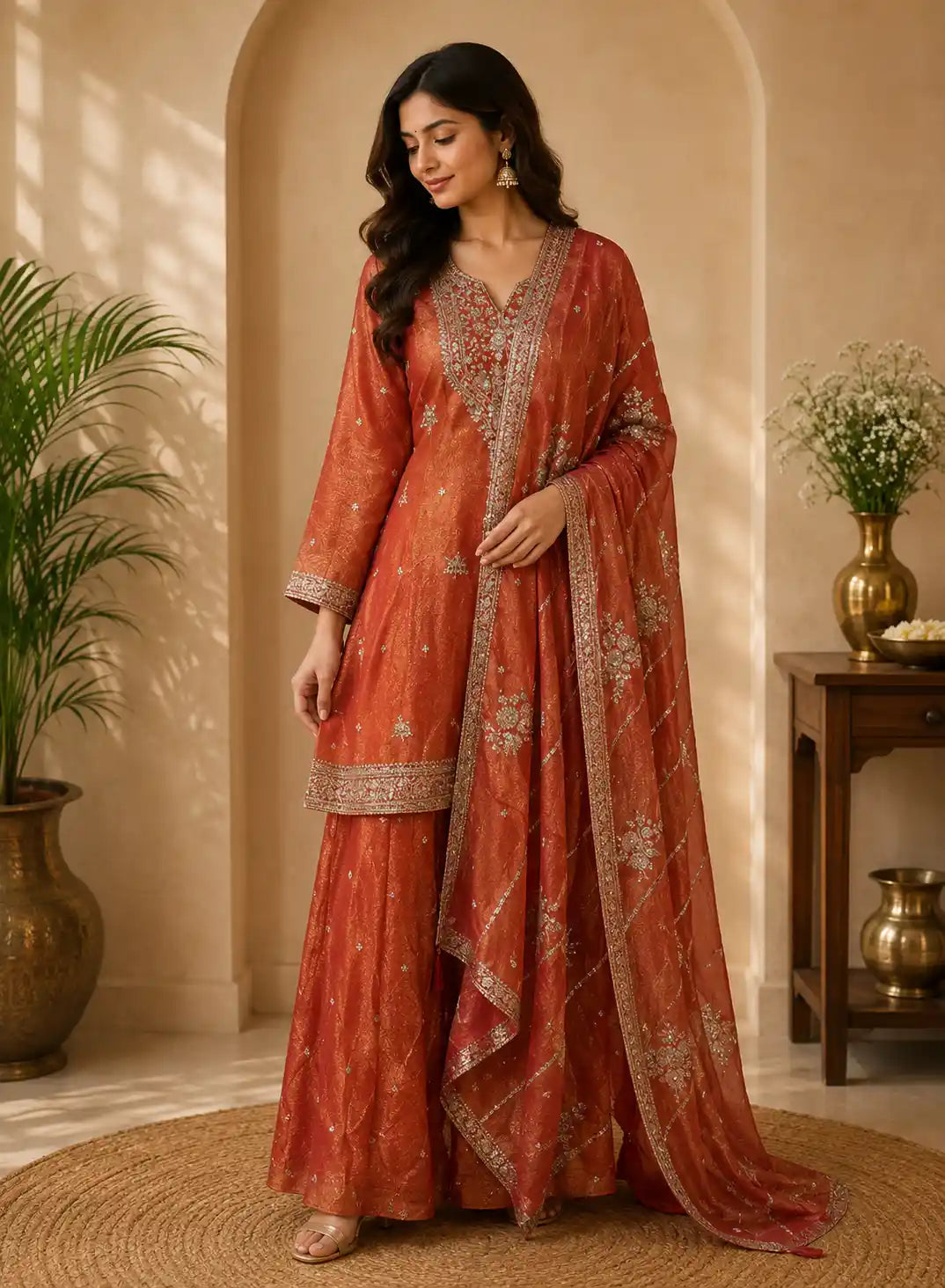 Rust Orange Floral Sequins and Zari Embroidered Design Tissue Organza Sharara Suit With Dupatta