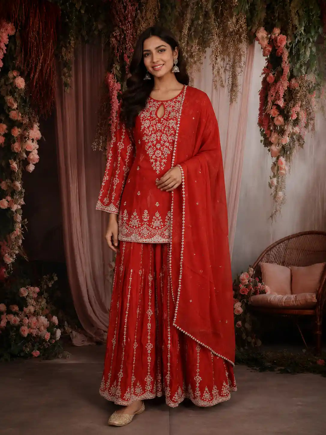Rust Orange Floral Thread Embroidered Design Raw Silk Palazzo Suit