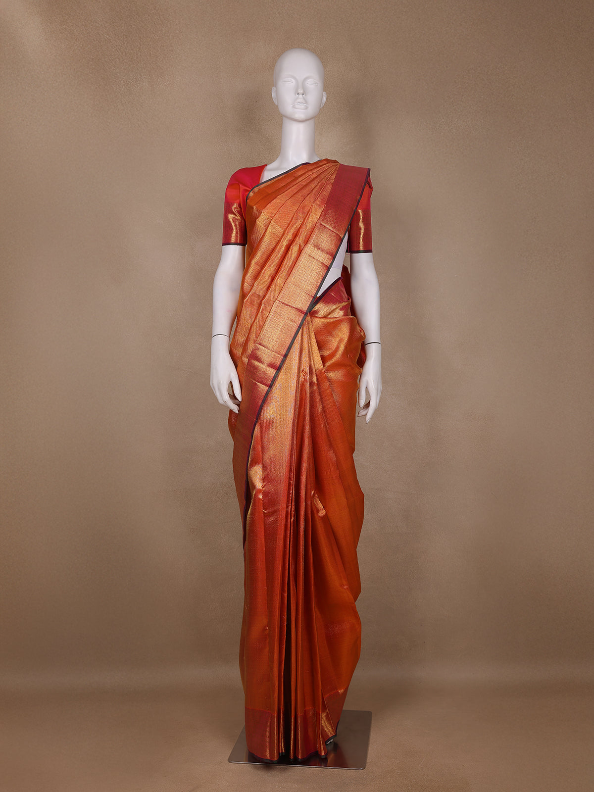 Rust Orange Floral Woven Motifs Pure Kanchipuram Silk Saree - Diadem