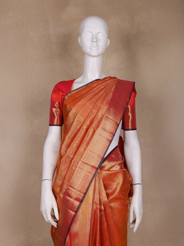 Rust Orange Floral Woven Motifs Pure Kanchipuram Silk Saree - Diadem