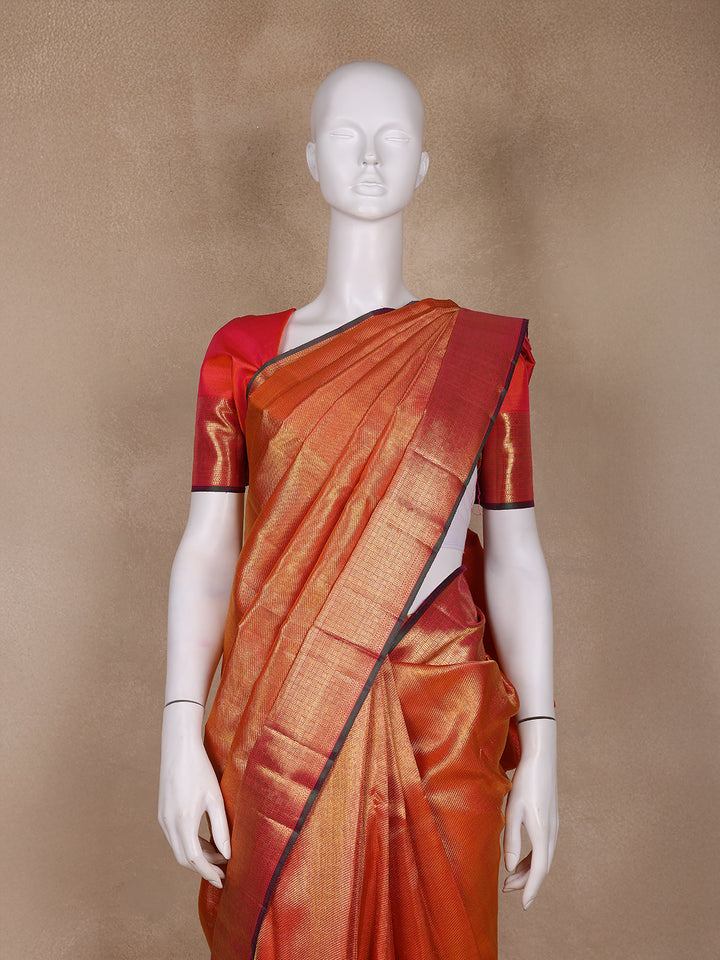 Rust Orange Floral Woven Motifs Pure Kanchipuram Silk Saree - Diadem