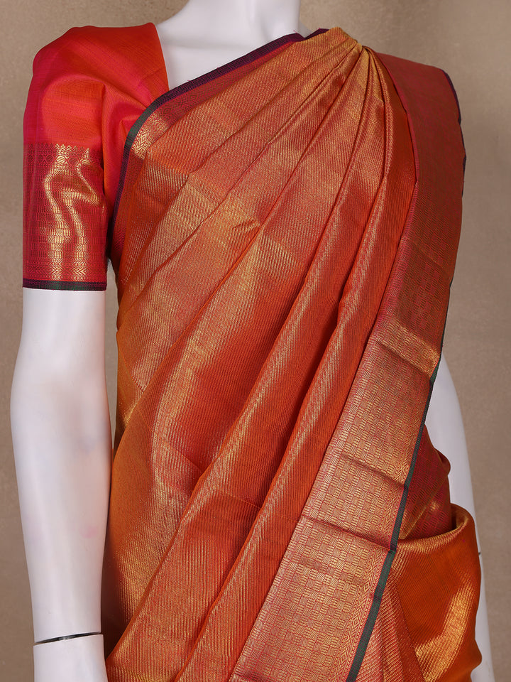 Rust Orange Floral Woven Motifs Pure Kanchipuram Silk Saree - Diadem