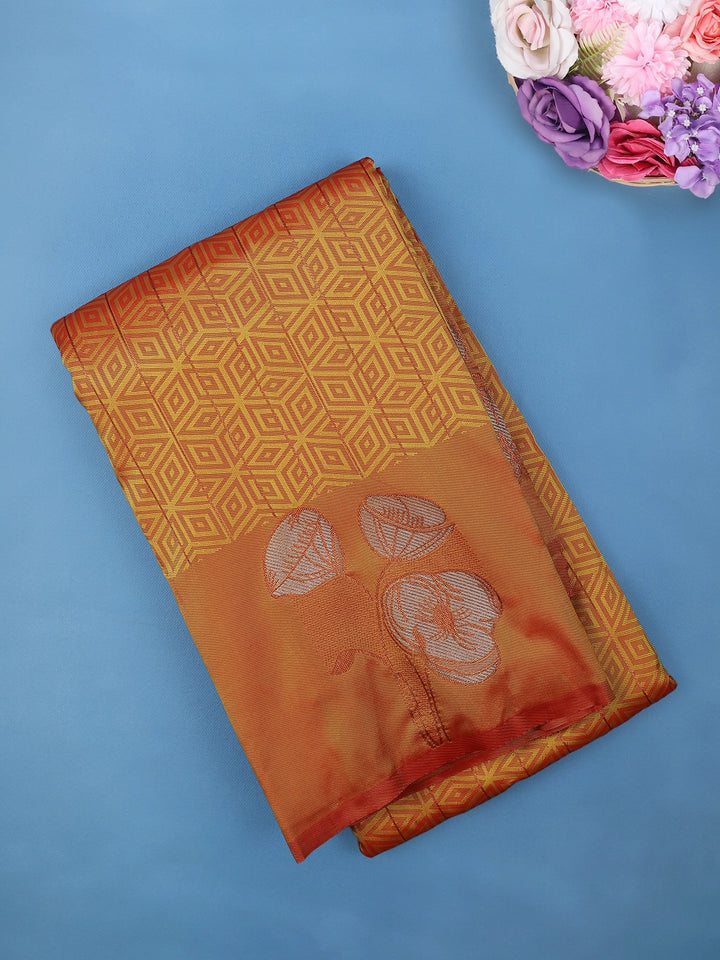 Rust Orange Geometric Woven Pattern with Floral Design Soft Silk Saree - Diadem
