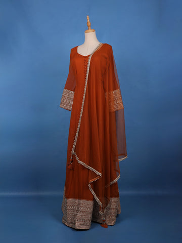 Rust Orange Panel Designed Anarkali Georgette Gown - Diadem