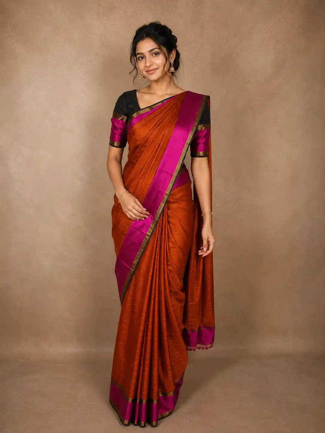 Rust Orange Striped Zari Woven Design Pure Kanchipuram Silk Saree with Contrast Pink Border