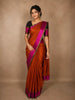 Rust Orange Striped Zari Woven Design Pure Kanchipuram Silk Saree with Contrast Pink Border