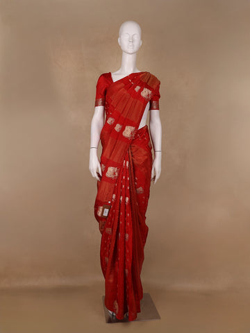 Rust Red Cow And Calf Motif Embroidered Georgette Saree - Diadem