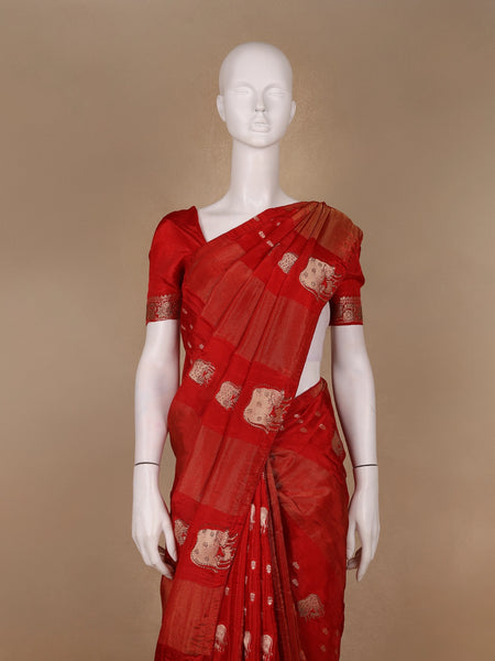 Rust Red Cow And Calf Motif Embroidered Georgette Saree - Diadem