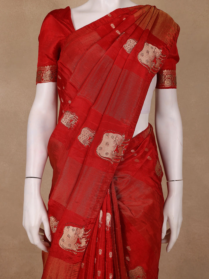 Rust Red Cow And Calf Motif Embroidered Georgette Saree - Diadem