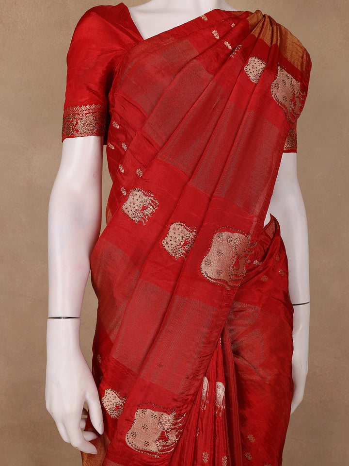 Rust Red Cow And Calf Motif Embroidered Georgette Saree - Diadem