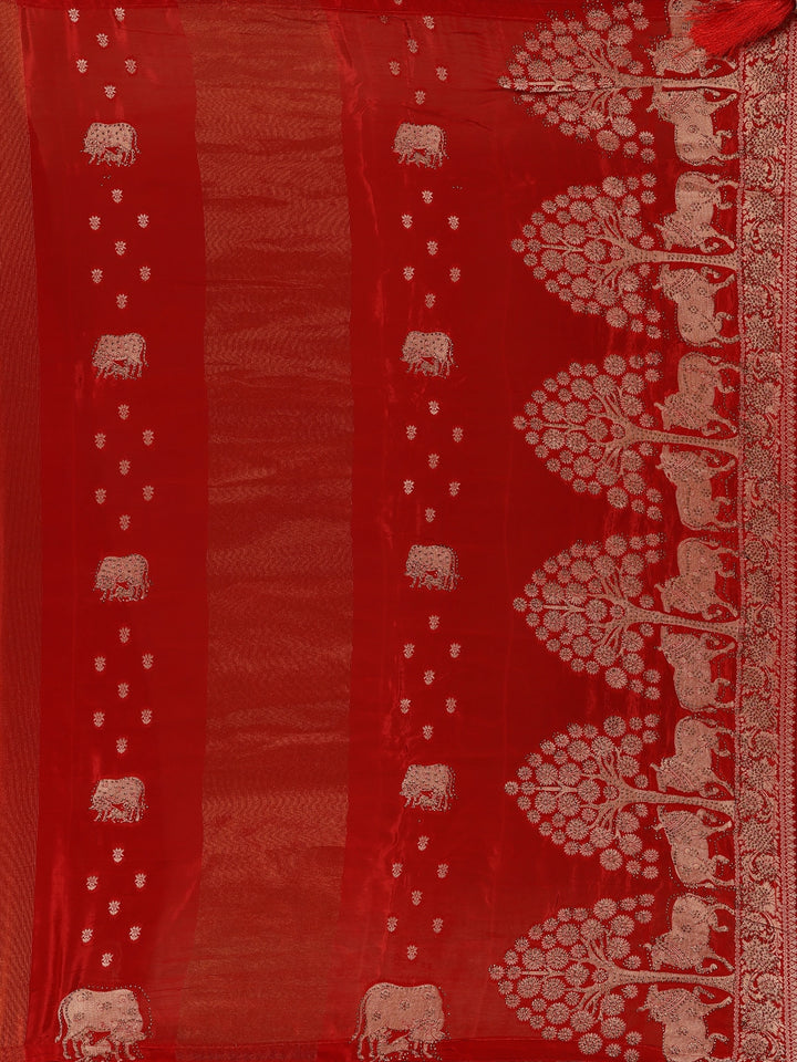 Rust Red Cow And Calf Motif Embroidered Georgette Saree - Diadem