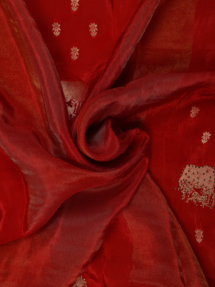 Rust Red Cow And Calf Motif Embroidered Georgette Saree - Diadem
