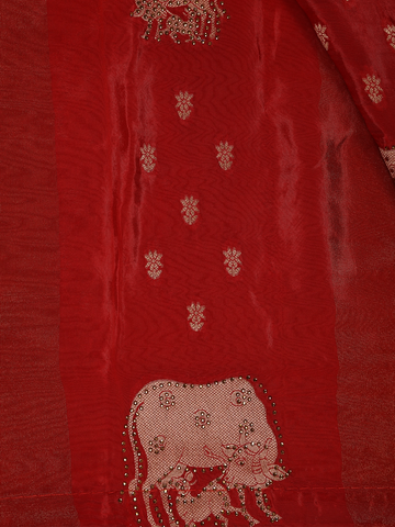 Rust Red Cow And Calf Motif Embroidered Georgette Saree - Diadem