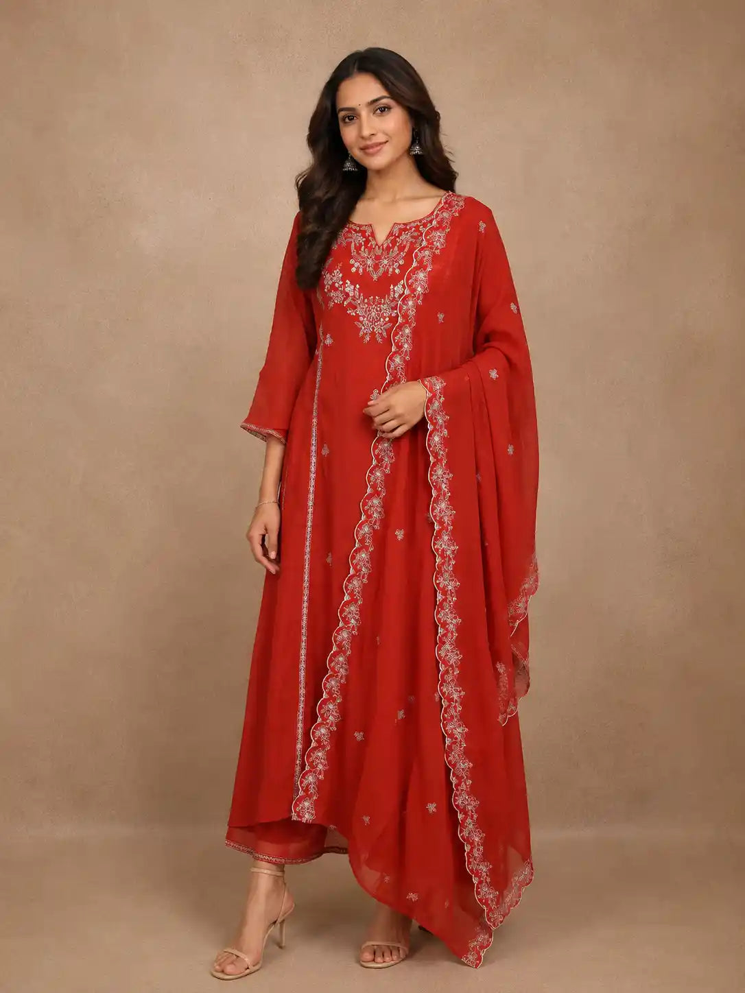 Rust Red Floral Embroidered Design Georgette Salwar Suit