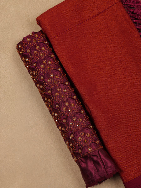 Rust Red Solid Silk Fancy Saree with Beaded Work Blouse - Diadem
