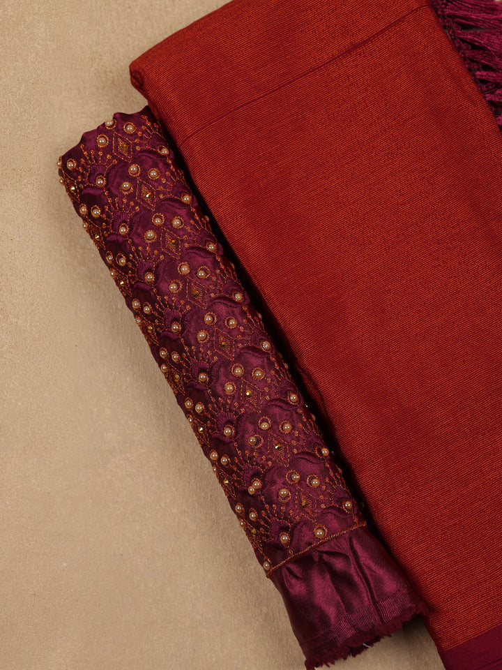 Rust Red Solid Silk Fancy Saree with Beaded Work Blouse - Diadem