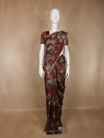 Rustic Maroon Floral Printed Tussar Silk Saree - Diadem