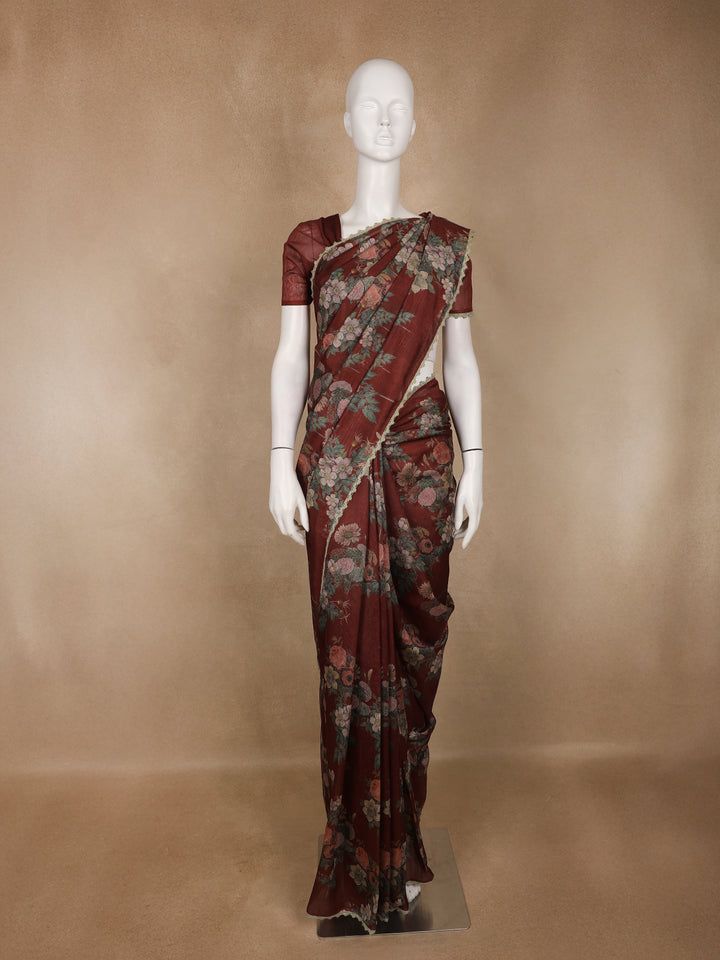 Rustic Maroon Floral Printed Tussar Silk Saree - Diadem