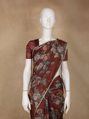 Rustic Maroon Floral Printed Tussar Silk Saree - Diadem