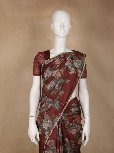 Rustic Maroon Floral Printed Tussar Silk Saree - Diadem