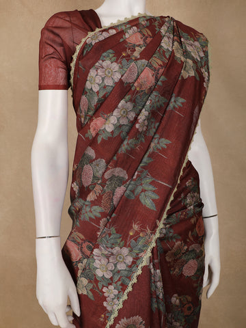 Rustic Maroon Floral Printed Tussar Silk Saree - Diadem