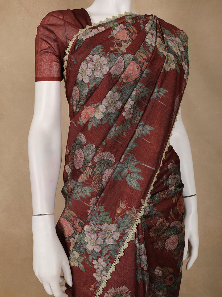 Rustic Maroon Floral Printed Tussar Silk Saree - Diadem