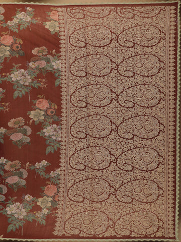 Rustic Maroon Floral Printed Tussar Silk Saree - Diadem