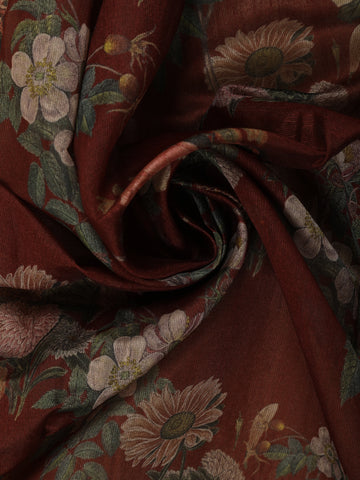 Rustic Maroon Floral Printed Tussar Silk Saree - Diadem