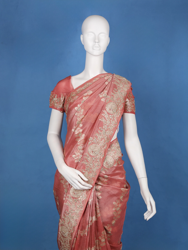 Rustic Rose Floral Zari Sequin Embellishment Organza Saree - Diadem