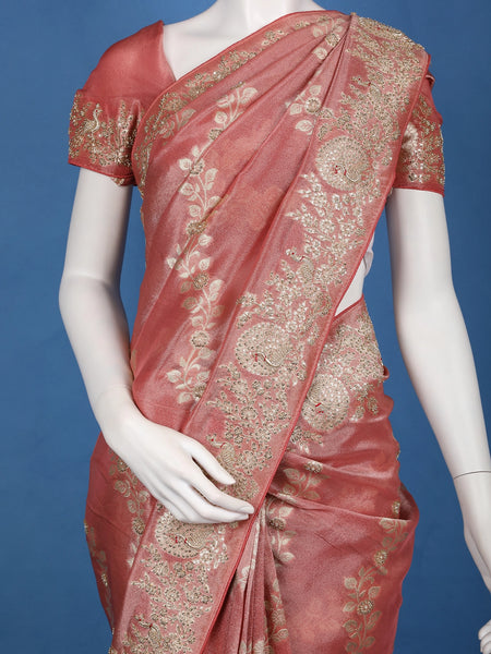 Rustic Rose Floral Zari Sequin Embellishment Organza Saree - Diadem